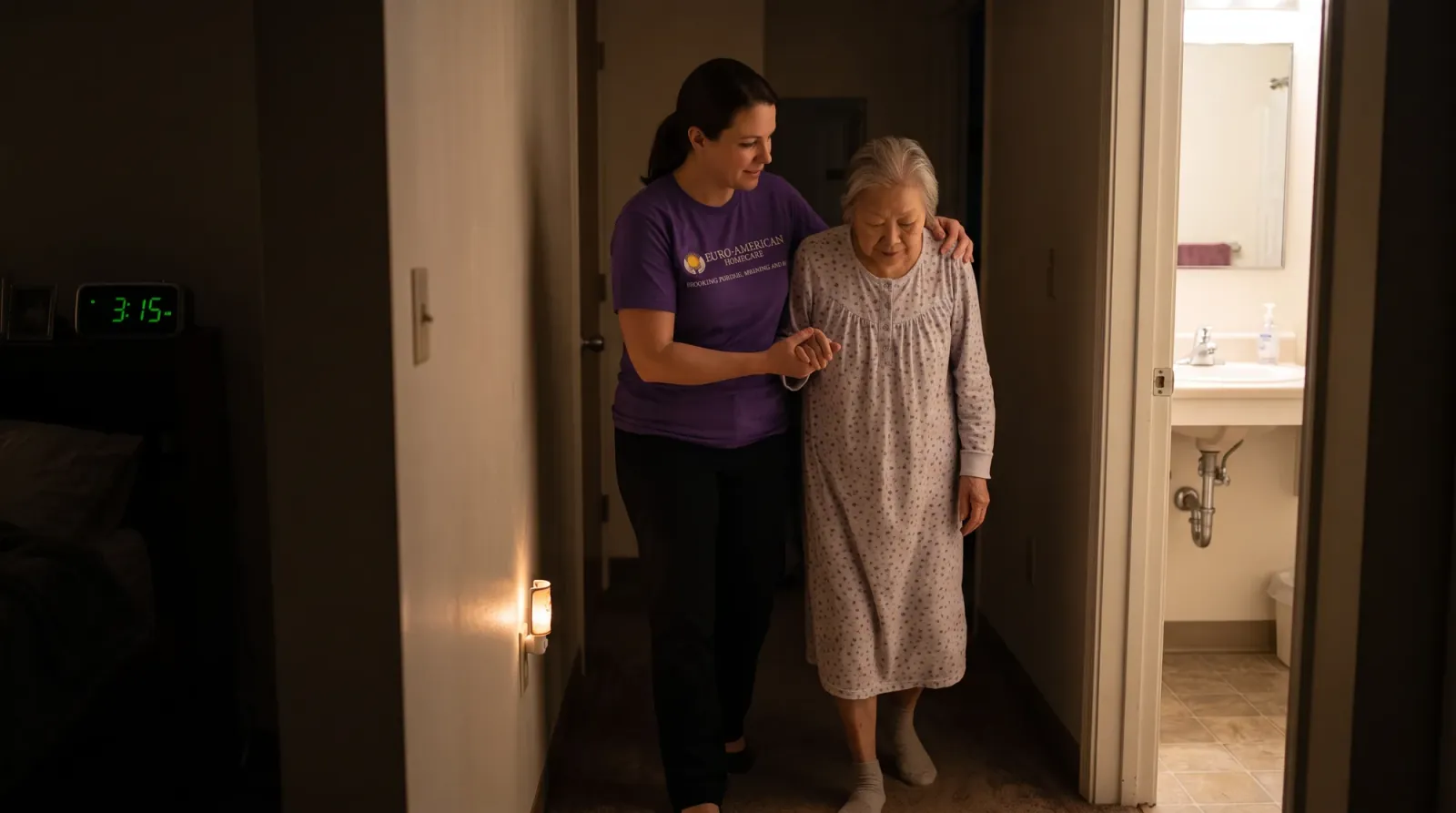 An awake caregiver walking a client through the house at night