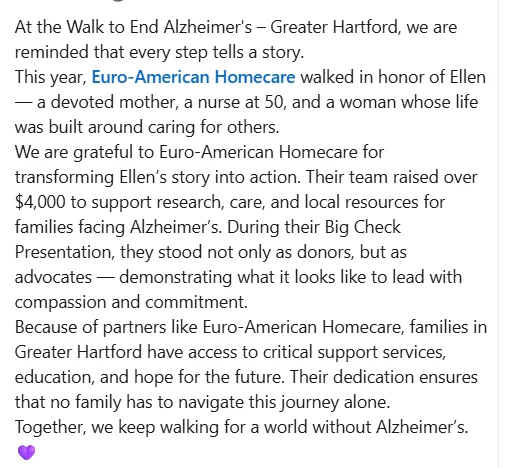 Thank-you letter from the Alzheimer's Association to our team