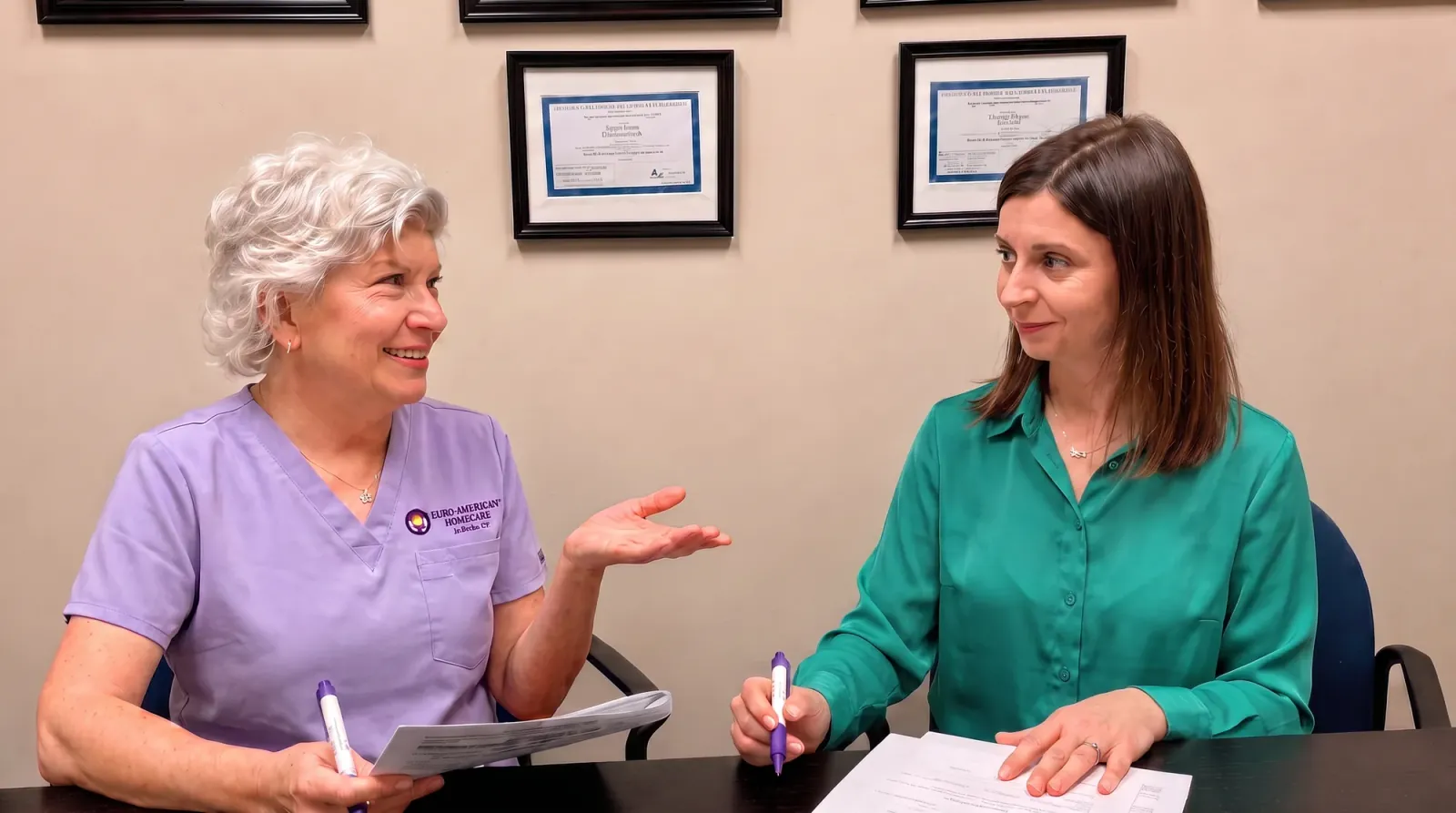 Two Euro-American Homecare team members talking through paperwork at the office