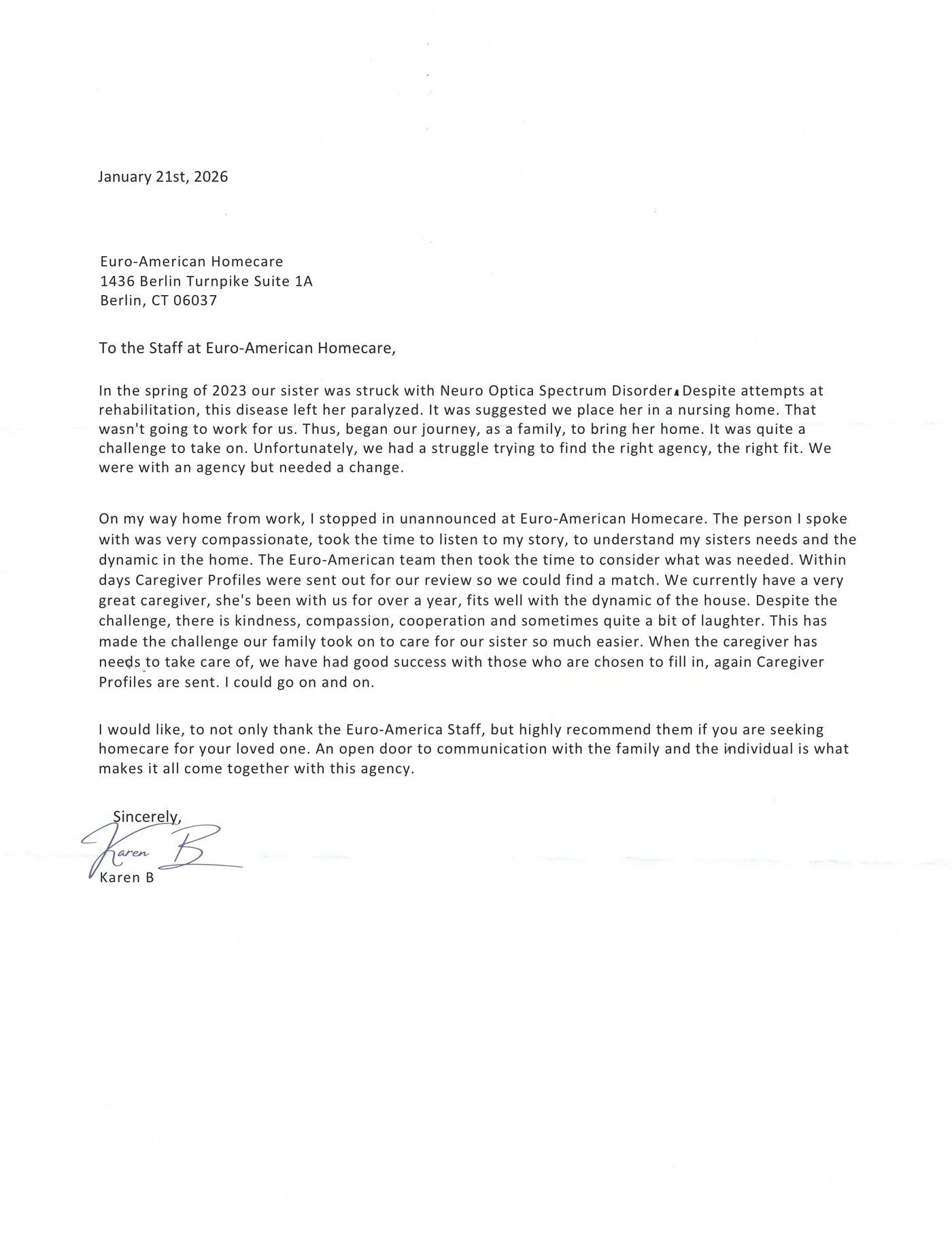 The signed letter from Karen B.