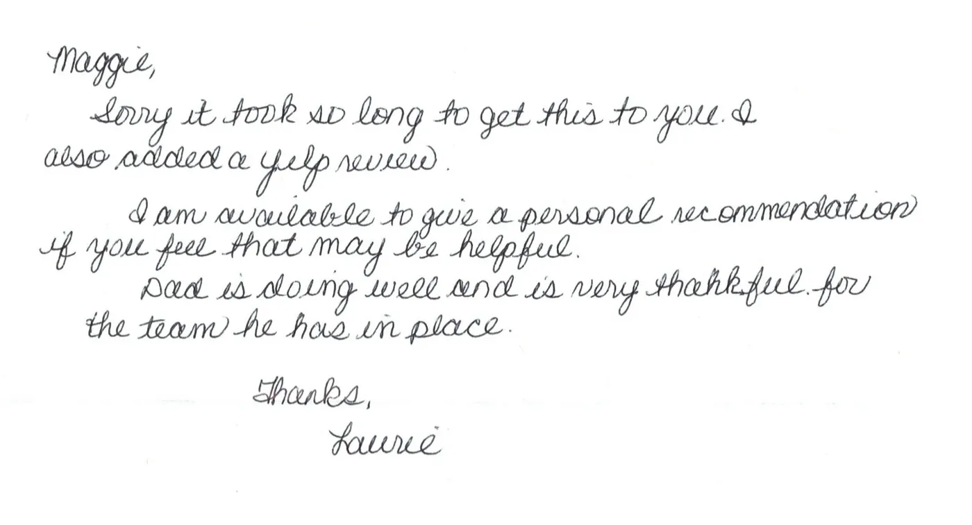 Handwritten note to Maggie, signed “Laurie”