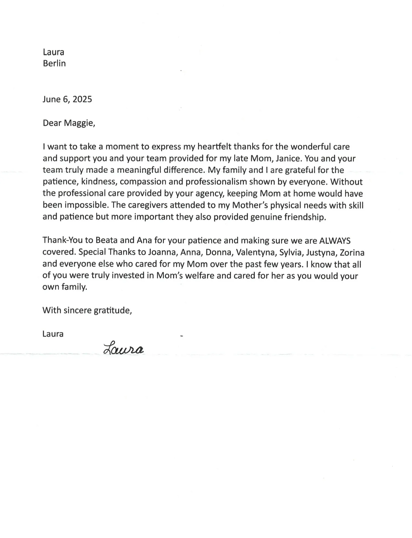The signed letter from Laura from Berlin