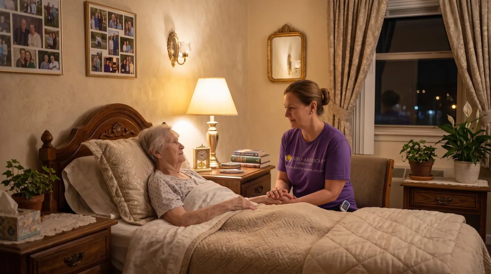 An overnight caregiver checking in on a client at home