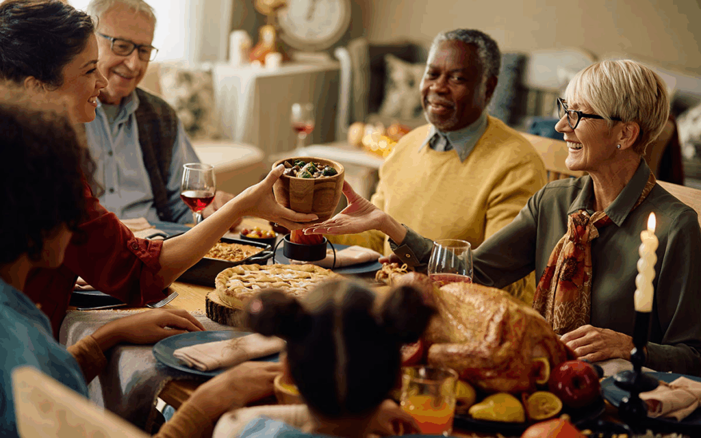 Senior enjoying a Thanksgiving dinner with family and loved ones.